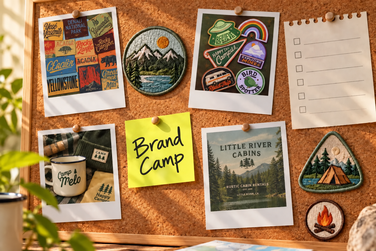 A corkboard with design references from the Brand Camp Pinterest board, notes and patches.