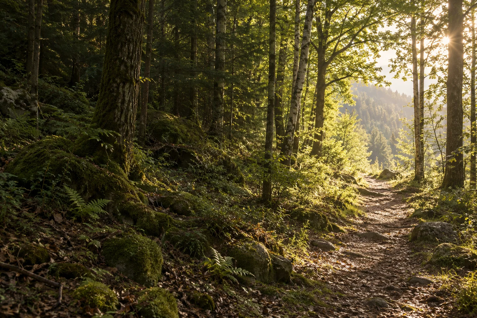 Sunlit woodland beyond the tent