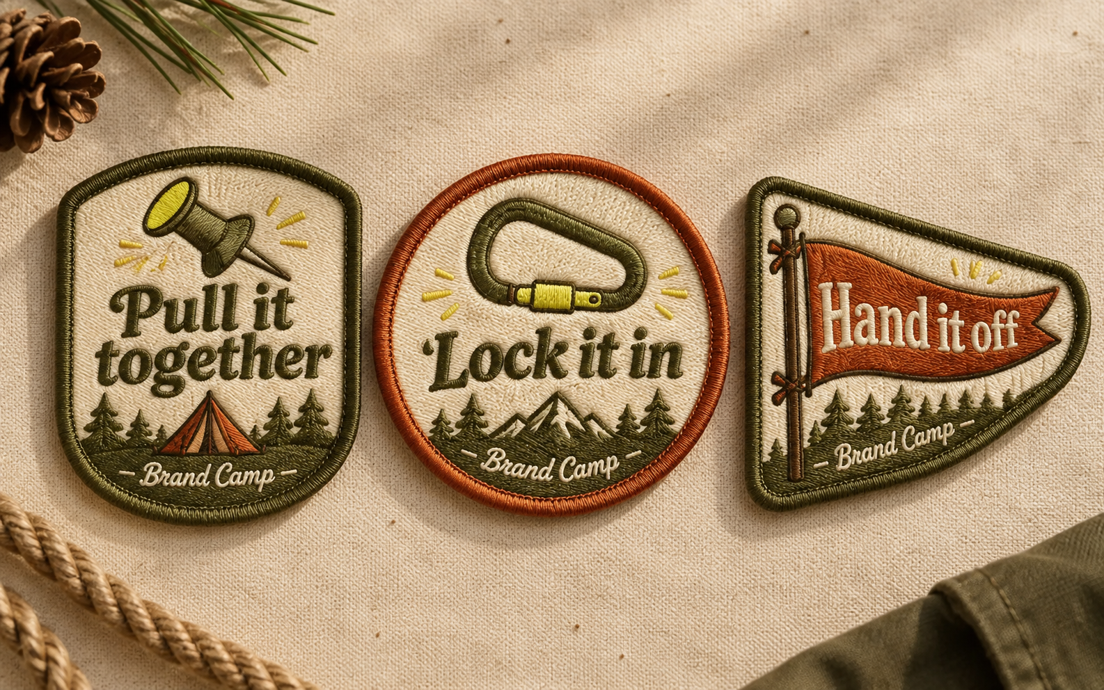 Three embroidered achievement patches for Pull it together, Lock it in and Hand it off.