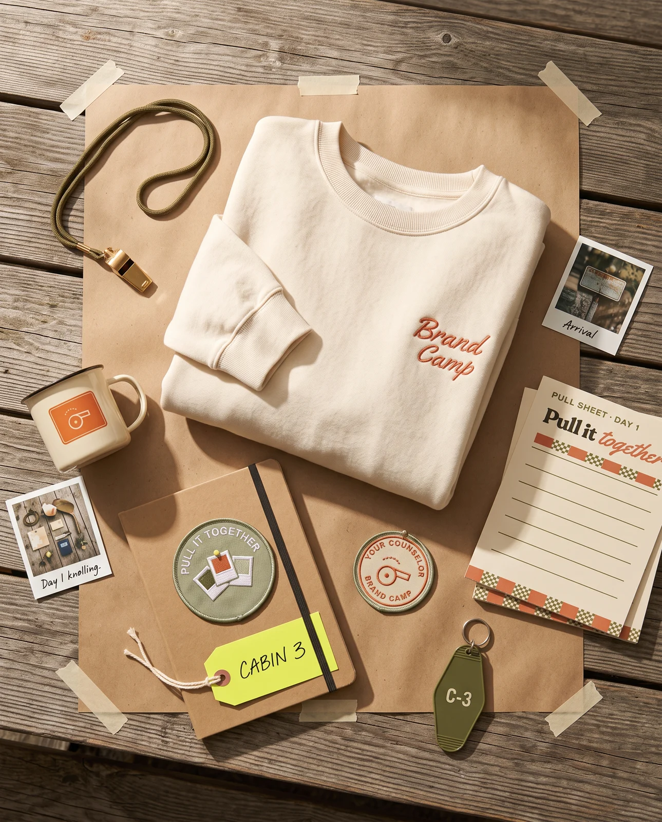AI-generated Brand Camp sweatshirt, workbook, badges and stationery arranged on a wooden table.