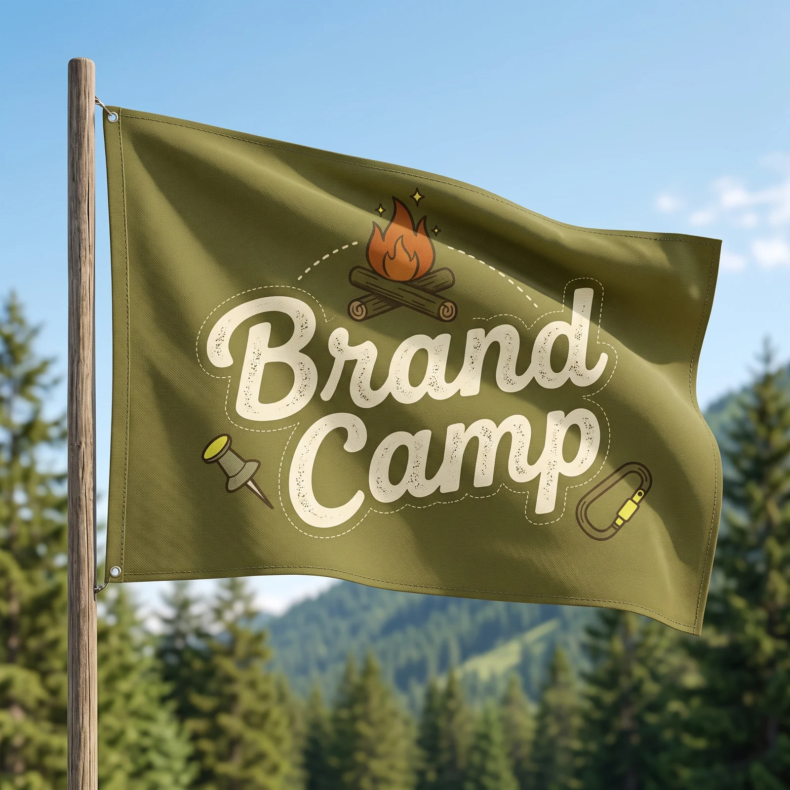An olive Brand Camp flag with cream lettering, campfire, pushpin and carabiner illustrations.