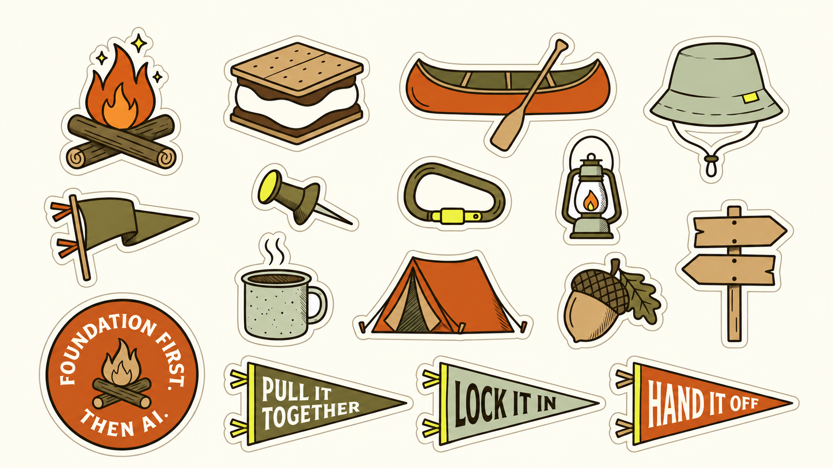 A crisp sheet of coordinated Brand Camp illustrations and lettered pennants.