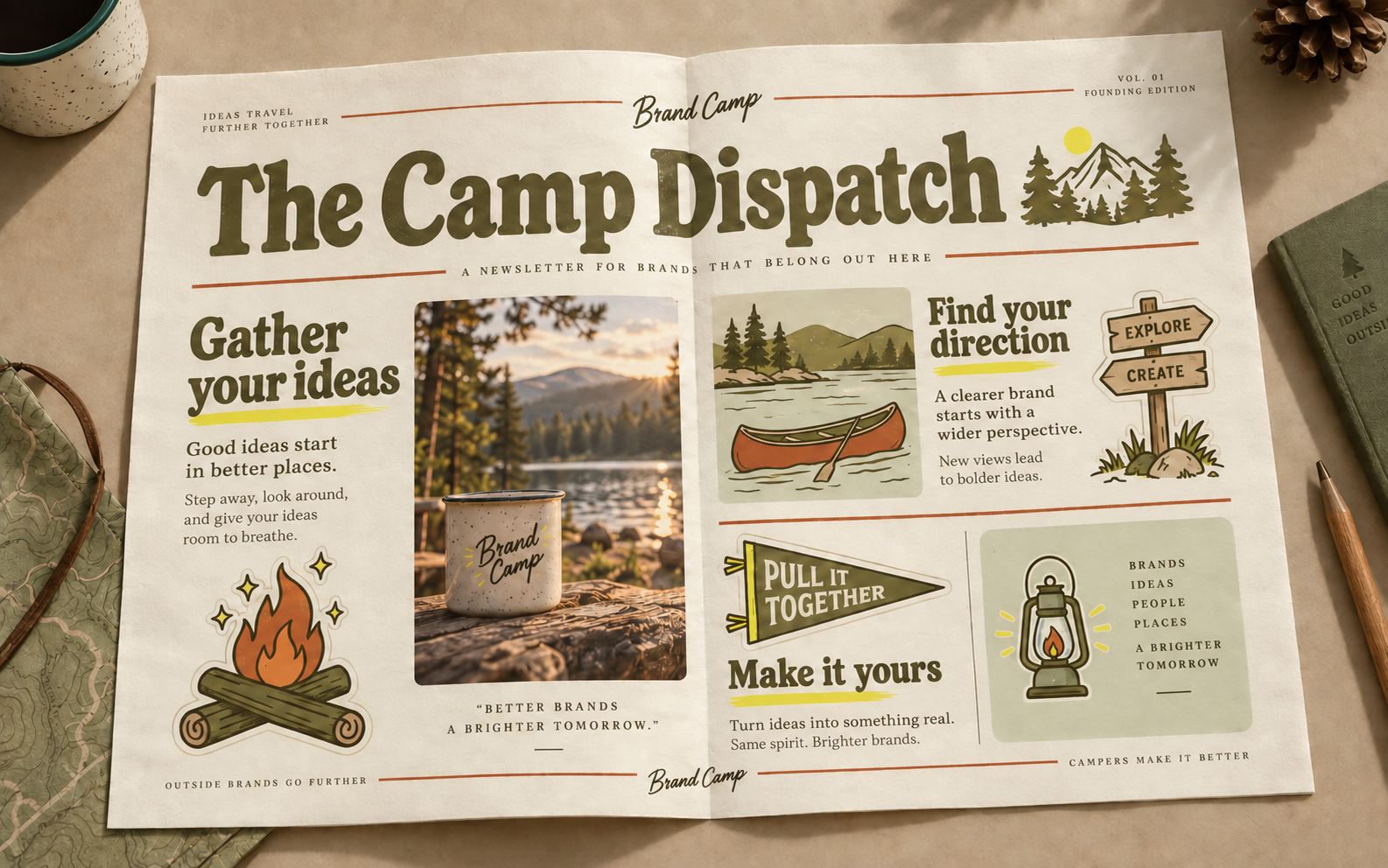 A printed Brand Camp newsletter spread with branded typography, photography and illustrations.