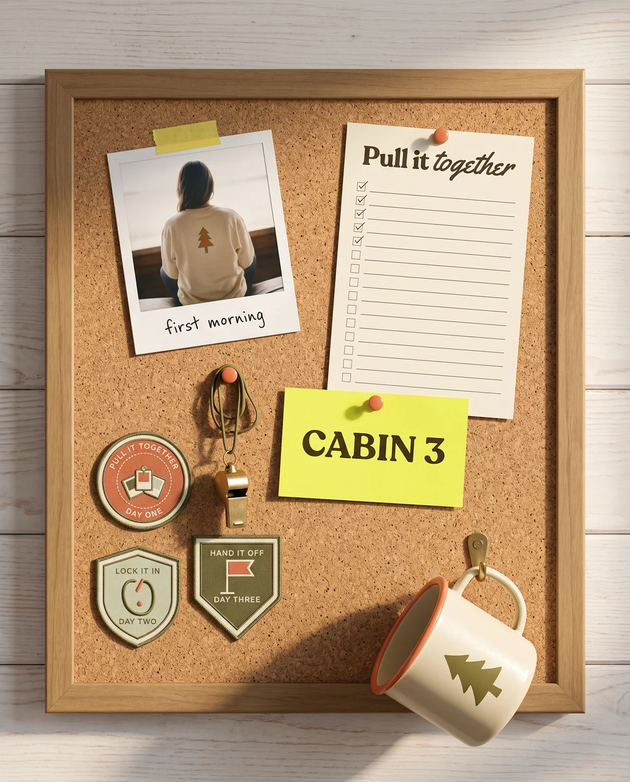 A finished Brand Camp corkboard with a branded workbook, cabin tag, badges and enamel mug.