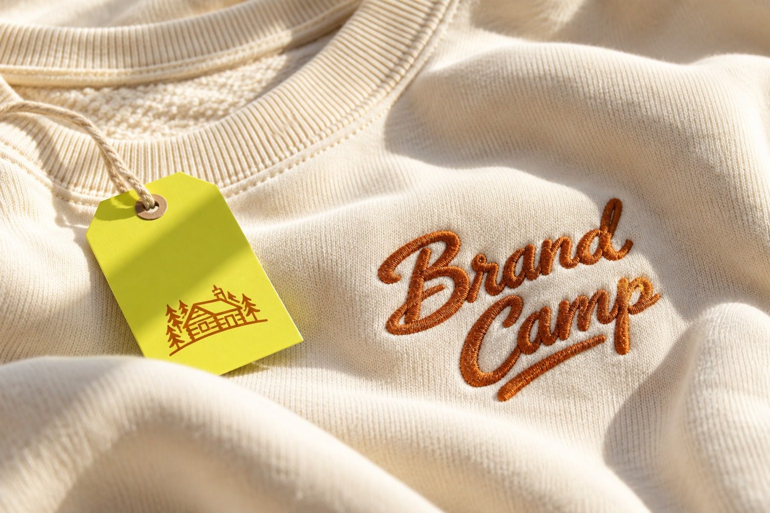A cream sweatshirt with an embroidered Brand Camp patch and yellow cabin tag.